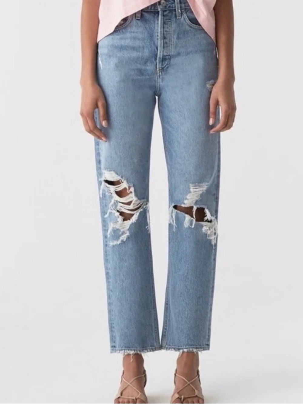 AGOLDE Light Blue Distressed High-Waist Straight Jeans